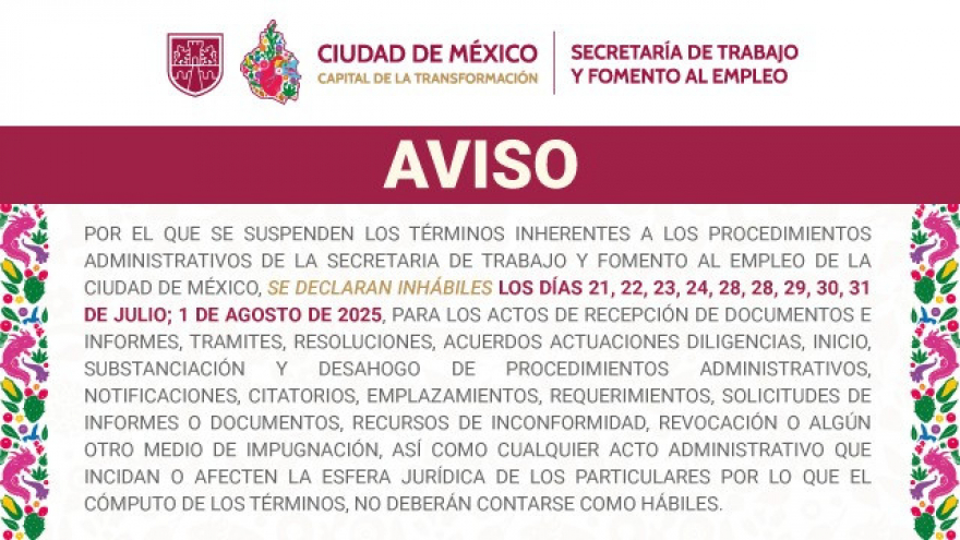 Aviso días inhábiles julio-agosto 2025